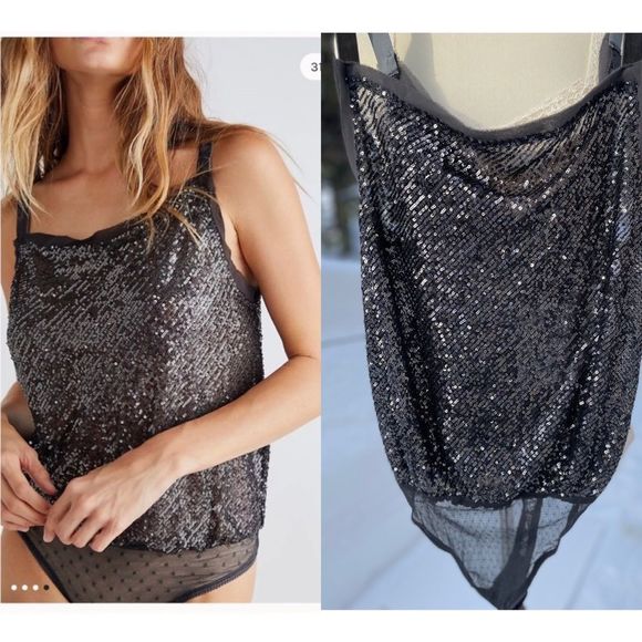 Free People Metallic Shimmer & Shine Bodysuit Night Sz XS NWT Black Silver - Picture 2 of 13